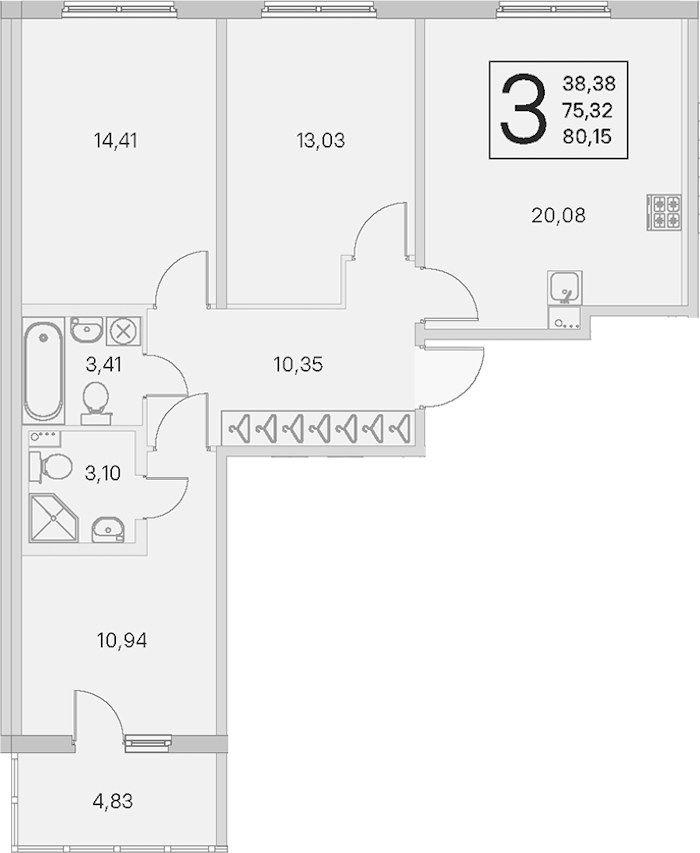 3-комнатная квартира 75.32 м², 1/4 эт., ЖК «Любоград в Стрельне»
